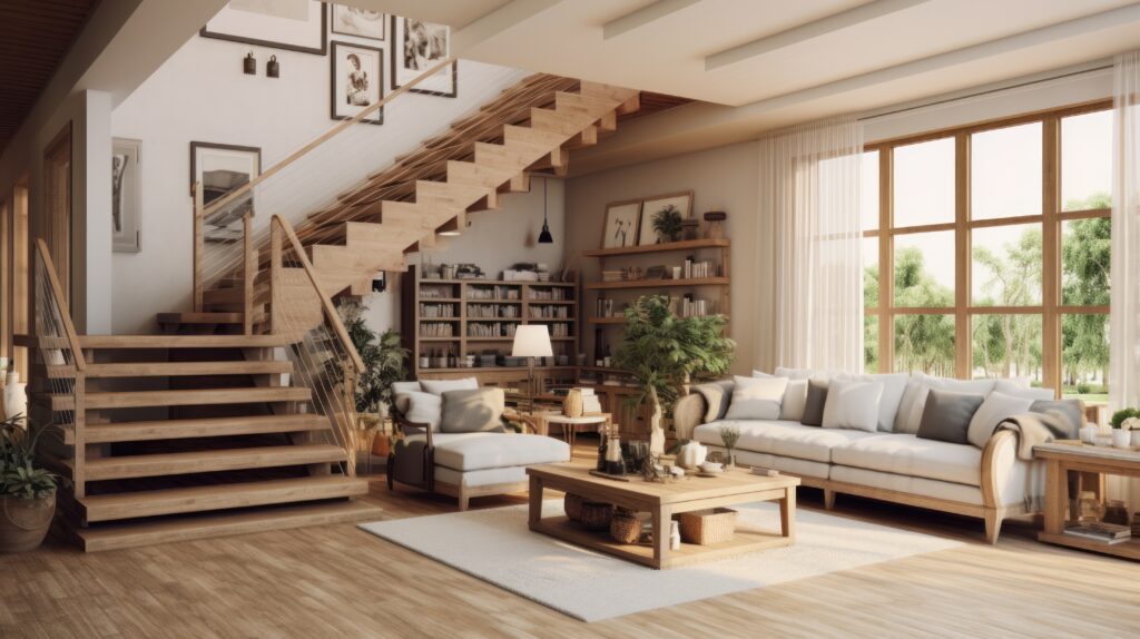 Laminate flooring in a large living room with stairs incorporated by FloorCo Premium Temple, Waco, and Killeen, Texas.