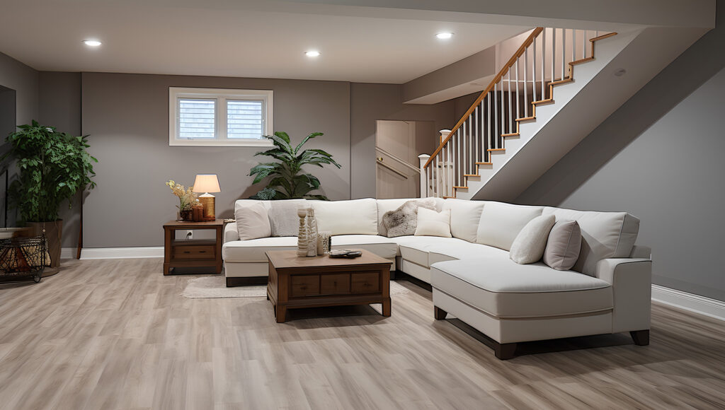 Laminate Flooring finishes in a large living room space basement by FloorCo Premium