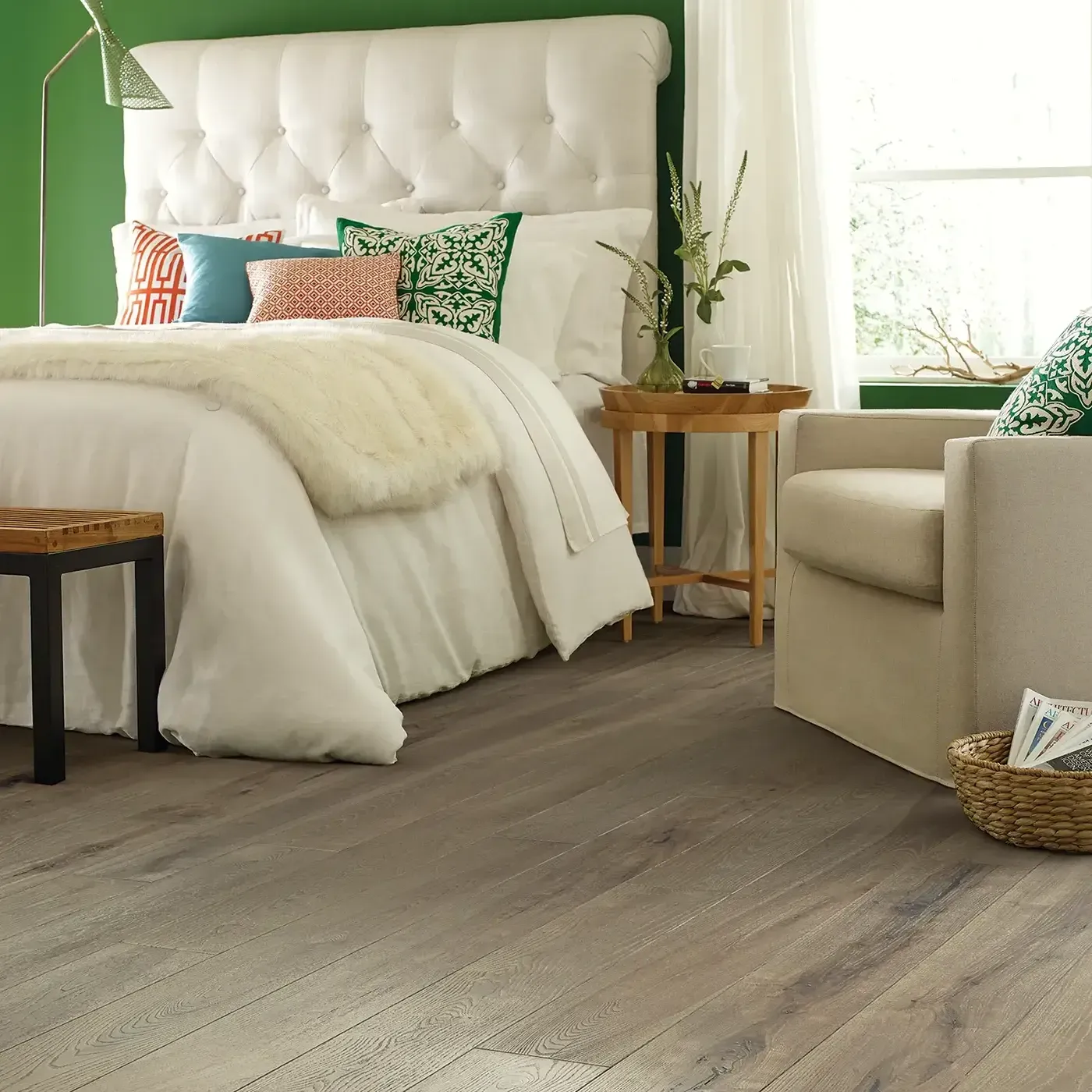 2W745_07028_ROOM Gray-toned hardwood in a bedroom with a white tufted headboard | Floorco Premium