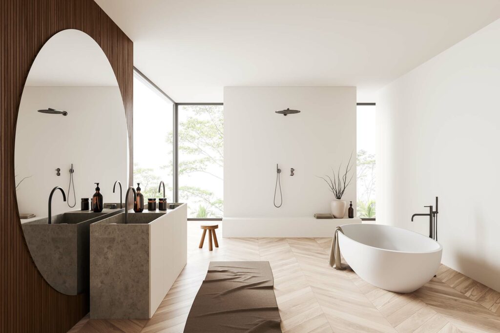 Tile Patterned, Large-Format, and Wood-Look Tile in a large luxury bathroom by FloorCo Premium