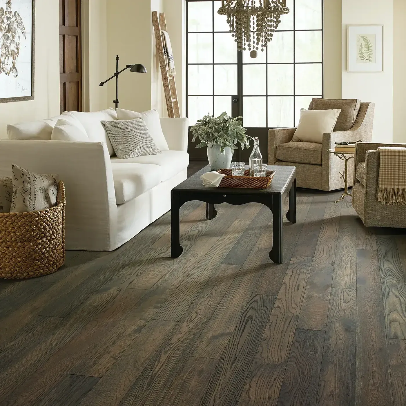 CornerstoneOak-SW676-07044-Granite-5in-RM Dark gray hardwood in a living room | Floorco Premium