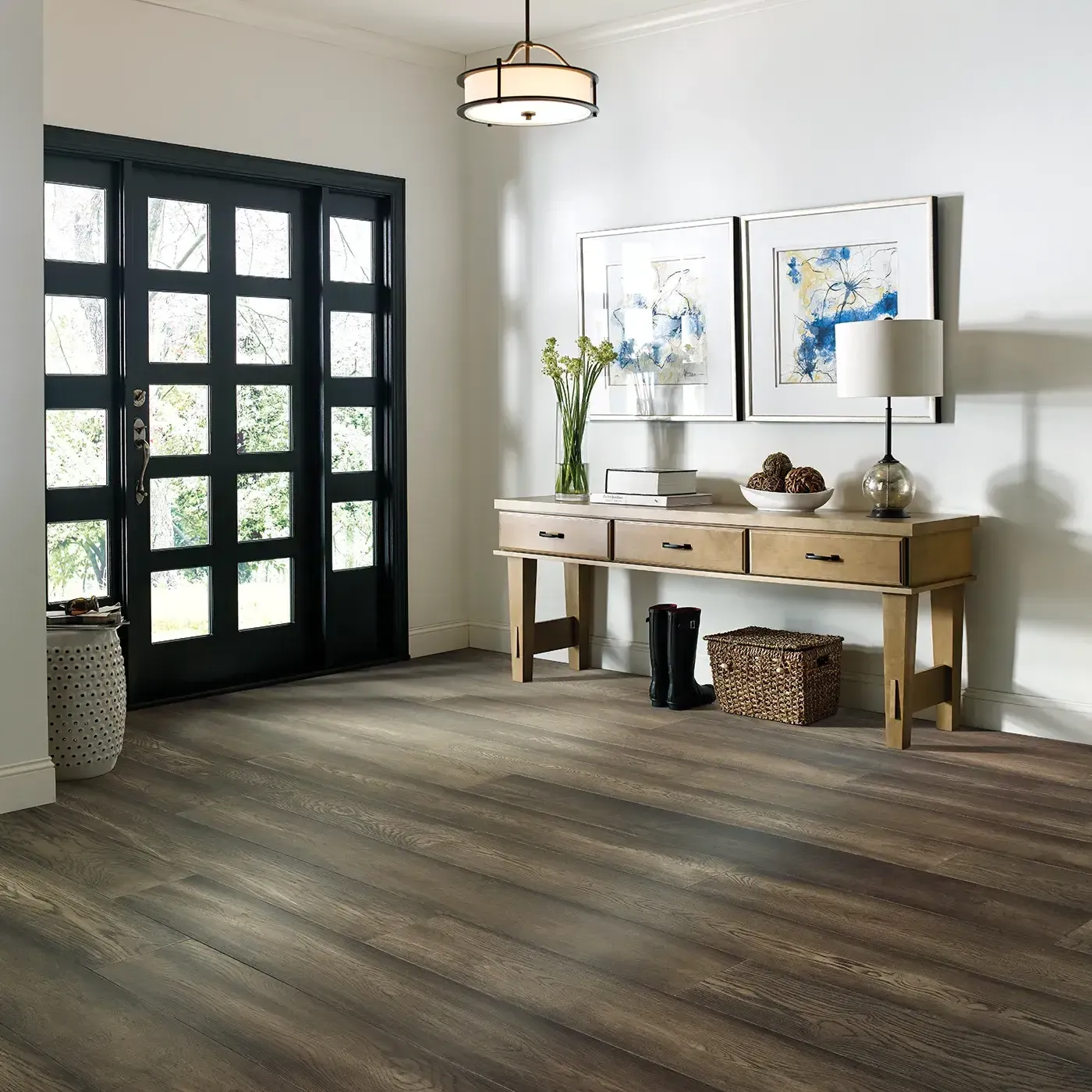 Magnificent-FH821-07057-DakotaHickory-7.5in-8U555-RM Dark brown hardwood in an entryway with a black front door | Floorco Premium
