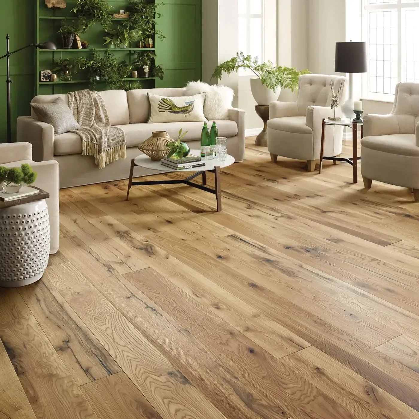 ReflectionsWhiteOak-SW661-01079-Natural-7in-2W765-RM Gray-brown hardwood in a dining room with a dark wood table | Floorco Premium