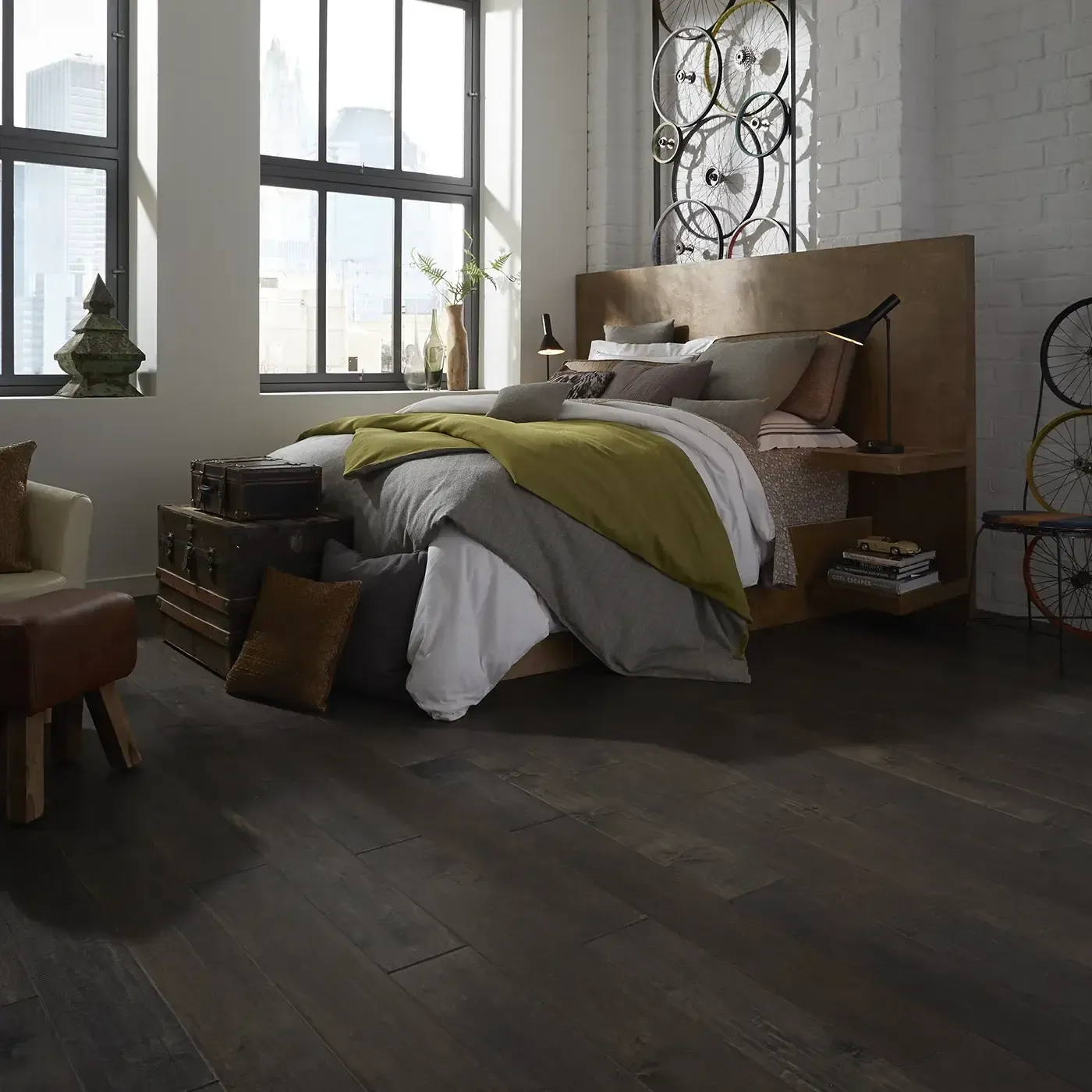 YukonMapleII-SW548-05002-Timberwolf-BedRm Dark hardwood in a modern bedroom with a large bed | Floorco Premium