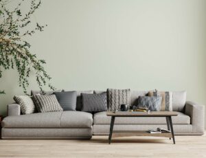 laminate flooring in living room with light green walls